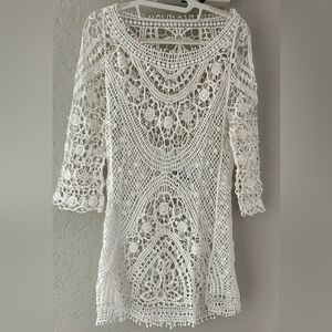 Bohemian Cream Crochet Swim Coverup with Scalloped Edges